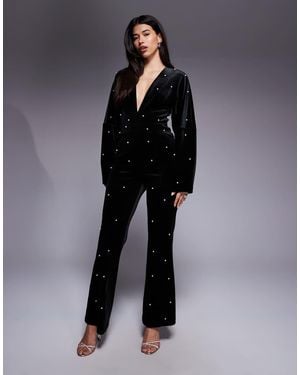 ASOS Velvet Plunge Jumpsuit With Pearl Embellishment - Blue