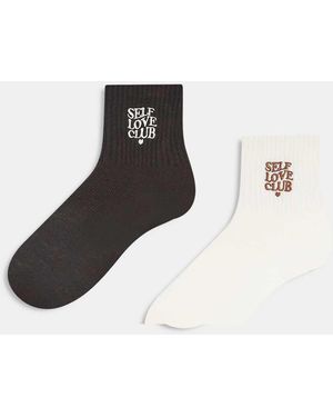 Accessorize Pack De 2 Pares De Calcetines Marrones Con Bordado "Self Love Club" De - Blanco