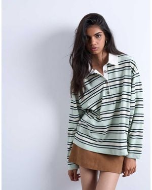 TOPSHOP Jersey Stripe Rugby Long Sleeve Polo - Grey