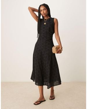 Mango Broderie Gathered Cinch Waist A-line Dress With Cut Out Back Detail - Natural