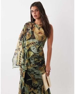 ASOS Gedrapeerde Batwing Asymmetrische Maxi-Jurk Met Één Mouw En Groene Libellenprint
