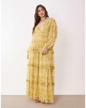 Lace & Beads Plus Lydia Tulle Balloon Sleeve Plunge Neck Tiered Maxi Dress - Metallic