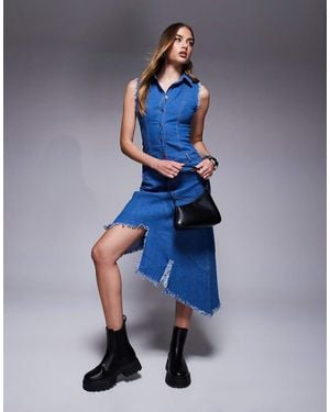 Goddiva Denim Frayed Asymmetric Sleeveless Midaxi Shirt Dress - Blue
