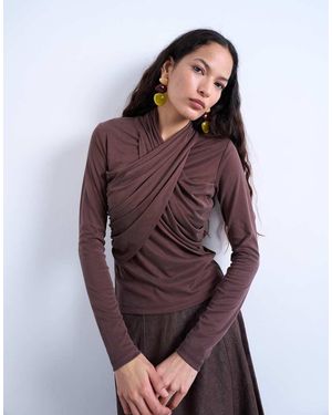 TOPSHOP Cross Over Wrap Long Sleeve Top - Purple