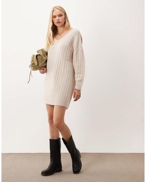 Miss Selfridge Chunky Rib V Neck Slouchy Mini Dress - Natural