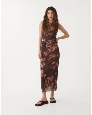 Stradivarius Printed Tulle Midi Dress - Natural