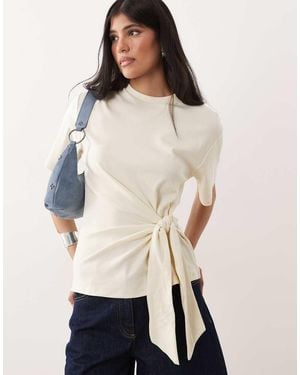 Mango Cotton Rich Tie Front T-shirt - Natural