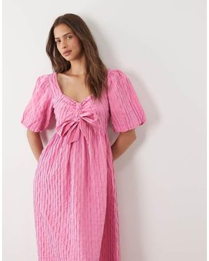 Y.A.S Midi-Jurk Met Textuur, Pofmouwen En Strik Voor - Roze