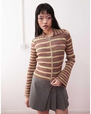 Monki Cardigan Mélange A Righe Marroni E Gialle Con Zip - Marrone