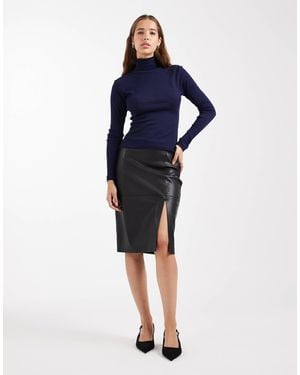 ONLY Faux Leather Midi Skirt With Split - Blue