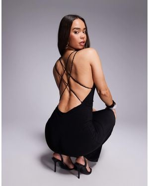 Fashionkilla Exclusive Double Sculpted Slinky Plunge Exposed Back Bead Detail Maxi Dress - Black
