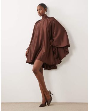 The Dolls House Lorena Satin Volume High Neck Open Back Mini Dress - Brown