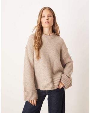 Gina Tricot Relaxed Crew Neck Folded Sleeve Knitted Jumper - Natural