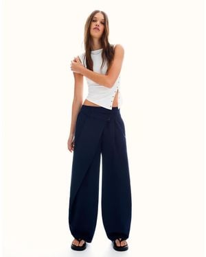 Bershka Tailored Fit Trousers With Crossover Waist - Blue