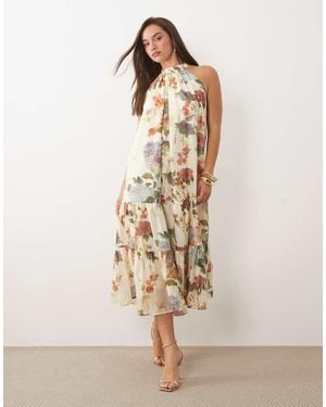 Vila Vestido Midi Escalonado Con Estampado Floral De Jardín Y Cuello Halter-Blanco - Neutro