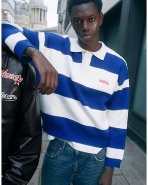 Pull&Bear Striped Long Sleeve Knit Polo - Blue