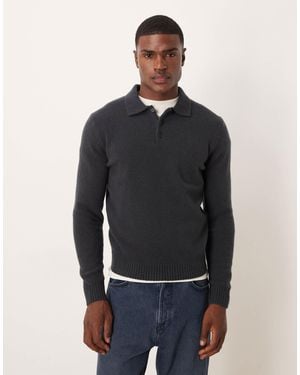 Mango Split Neck Knit Polo Sweater - Black