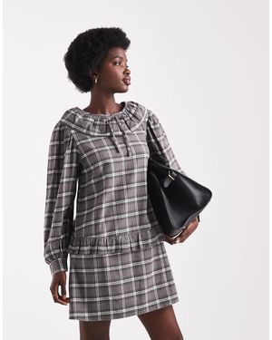 Native Youth Tartan Ruffle Collared Dress - Grey