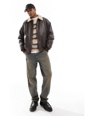 Cotton On Faux Leather Flight Jacket With Shearling Collar - Brown