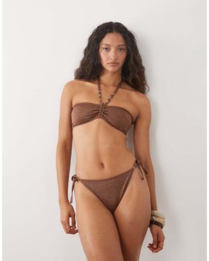 New Look Glitter Beaded Bandeau Bikini Top - Brown