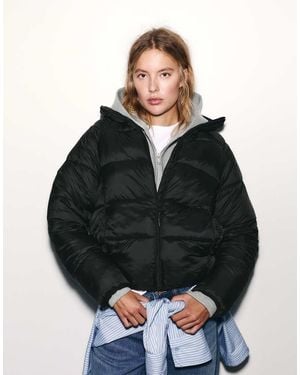Pull&Bear Hooded Puffer Jacket - Black