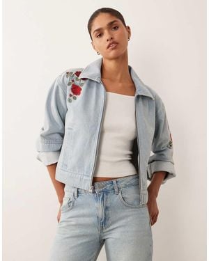 Abercrombie & Fitch Denim Jacket With Floral Embroidery - Grey