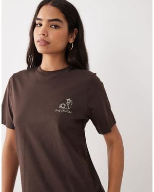 Mango Round Neck Short Sleeve 'Early Bird Club' Graphic T-Shirt - Brown