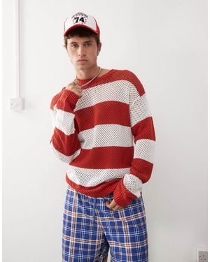 Collusion Knitted Crotchet Stripe Jumper - Red