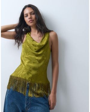 ASOS Satin Jacquard Cowl Neck Fringe Top - Green