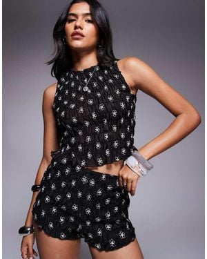 Missy Empire Top Fruncido Con Cuello Subido Y Bordado De Flores De (Parte De Un Conjunto) - Gris