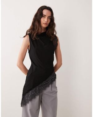 ASOS Slinky Asymmetric Lace Trim Top - Black