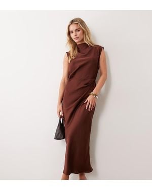 ASOS Asos Design Petite Satin High Neck Pleated Bodice Midi Dress - Brown