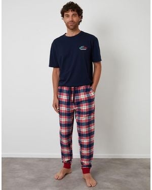 Threadbare Check Christmas Graphic Pyjama Set - Blue