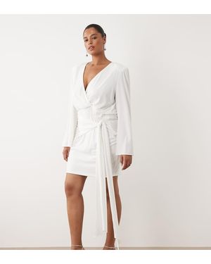 Tfnc Plus Slinky V Neck Shoulder Pad Drape Detail Mini Dress - White
