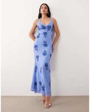 ASOS Embroidered Lace Halterneck Maxi Dress With Tie Back - Blue