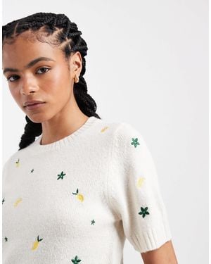 Threadbare Knit Tee With Lemon Embroidery - Natural