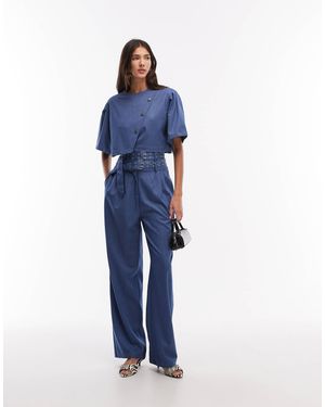 Ghospell Bettie Tailored Pinstripe Double Buckle Wide Leg Trouser Co-ord - Blue