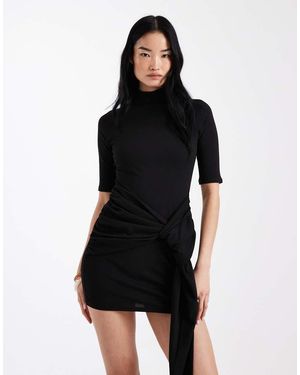 ASOS Grown On Neck Mini Dress With Half Sleeve And Waist Tie Detail - Black