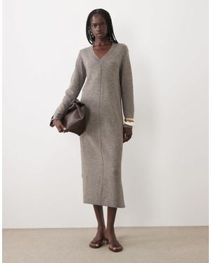 Vila Robe midi en maille à col v en falcon chiné - Gris