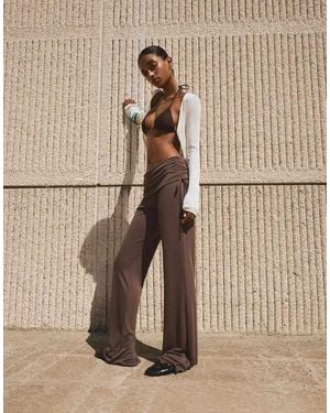 Bershka Flowing Flared Trousers With Tie - Natural