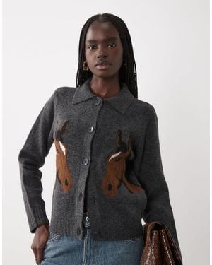Vero Moda Premium Horse Intarsia Wool-blend Polo Collar Cardigan - Black