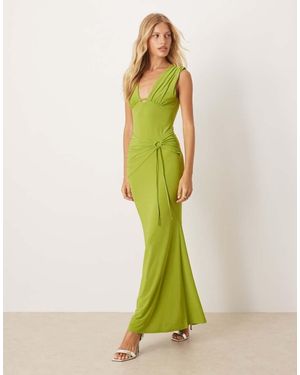 ASOS Vestito Lungo Con Bustino Arricciato, Scollo Profondo E Dettaglio Drappeggiato - Verde