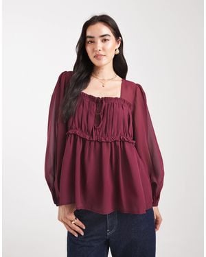 ASOS Sheer Yoke Ruched Detail Blouse - Red