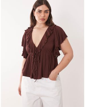 ASOS Asos Design Curve Crinkle Plunge Ruffle Flutter Sleeve Top - Brown