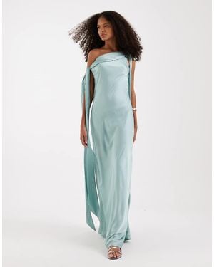 TFNC London Bridesmaids Fallen Shoulder Satin Maxi Dress - Blue