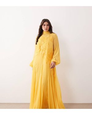 ARRANGE Curve Applique Floral Tie Neck Blouson Sleeve Trapeze Maxi Dress - Metallic