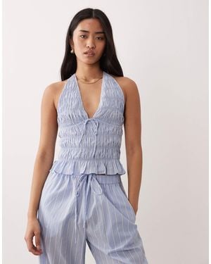 Nia Chandler Halter Neck Shirred Top - Blue