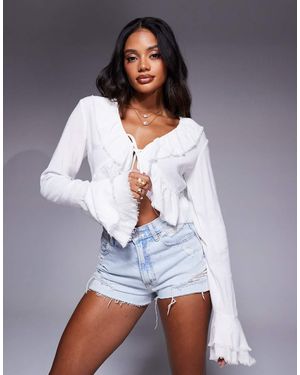 Aria Cove Top Met Linnen-Look, Ruches, Gestrikte Voorkant En Uitlopende Mouwen - Grijs