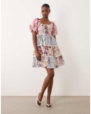Y.A.S Vestido Corto De Estilo Mesonera Con Estampado Floral Estilo Patchwork Y Mangas Abullonadas - Rosa