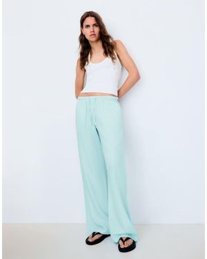 Bershka Linen Blend Trousers With An Elasticated Waistband - Blue